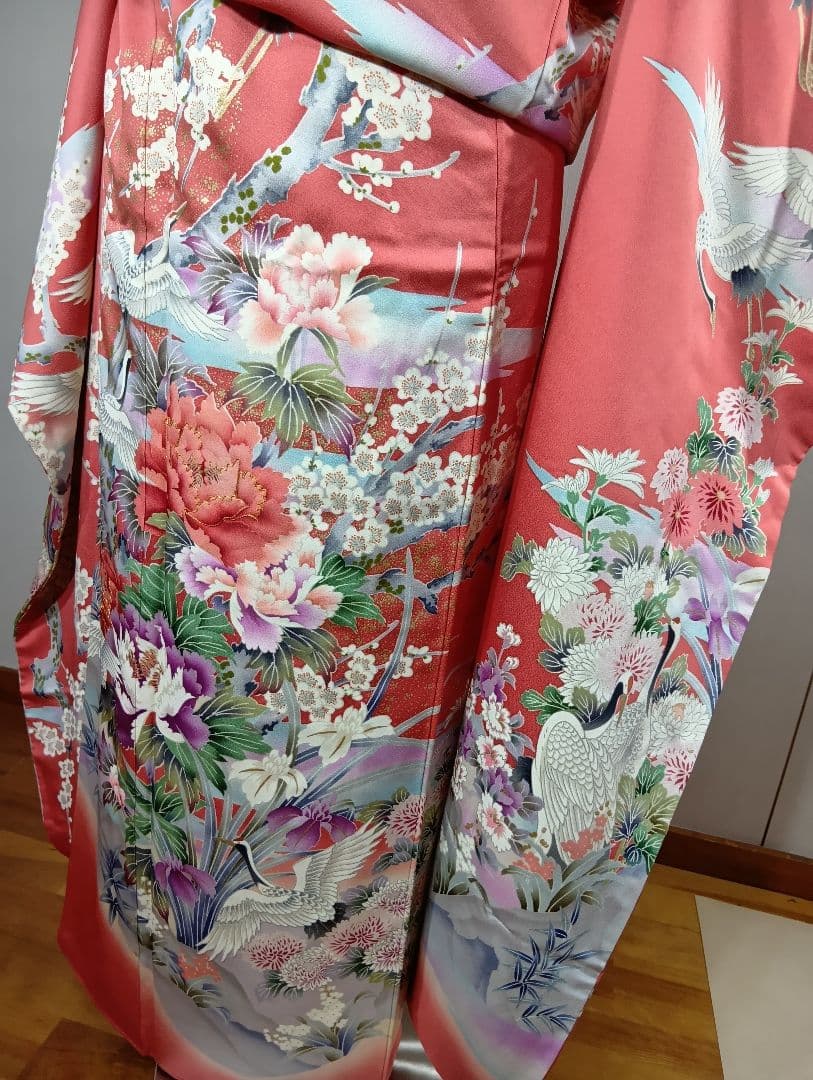 (矢2626m)☆正絹☆振袖 コーラルピンク☆ 花鳥柄晴れ着成人式