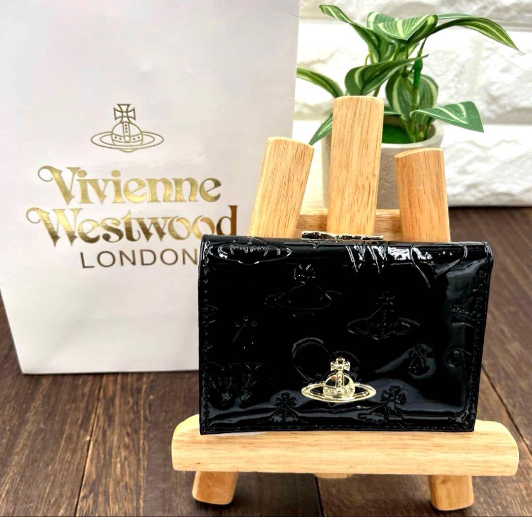 新品未使用　ヴィヴィアンウエストウッド 三つ折財布　黒　エナメル　がま口　⑤