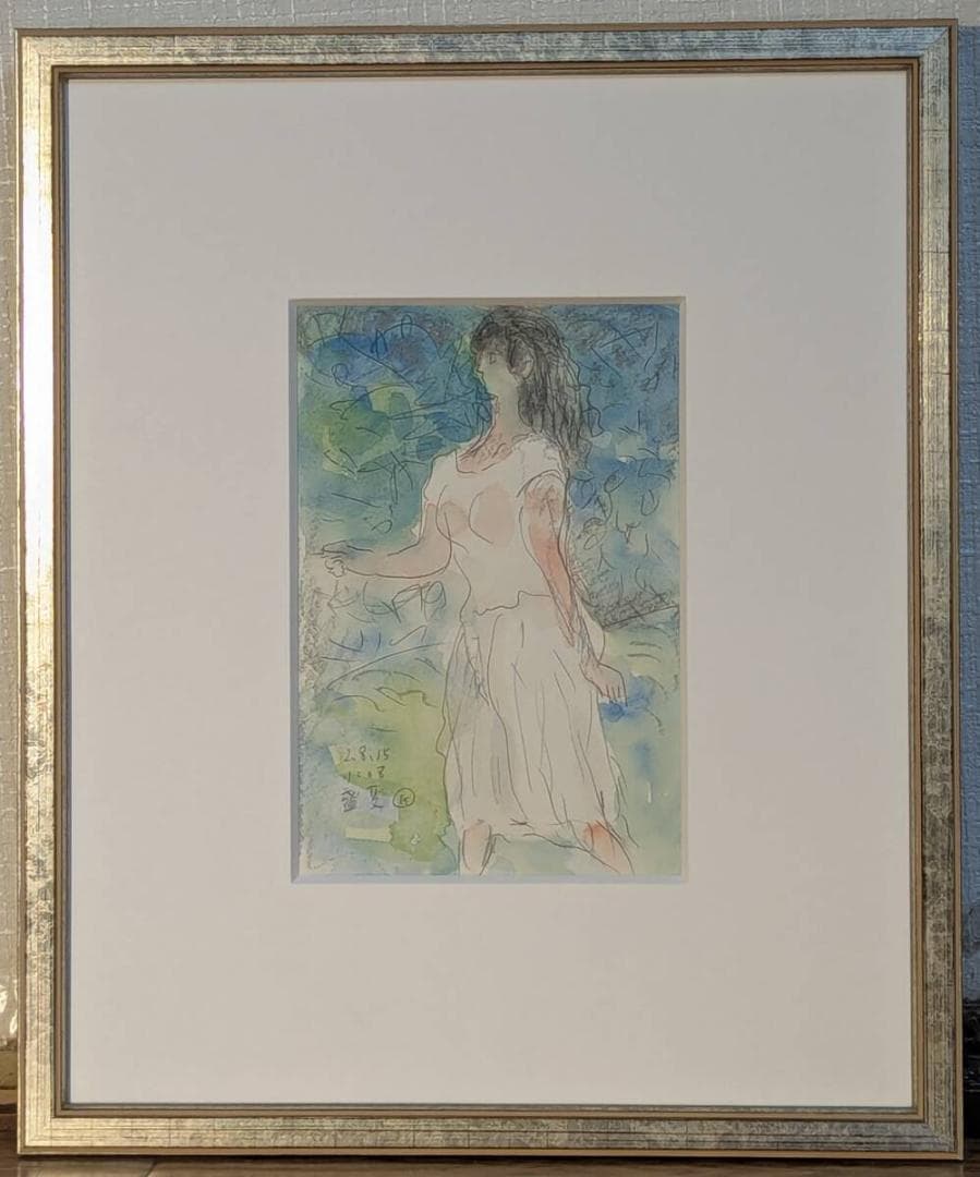 【真作】絵画　山田耕三　水彩0号　若い女　やわらかなタッチ　箱入　Y186