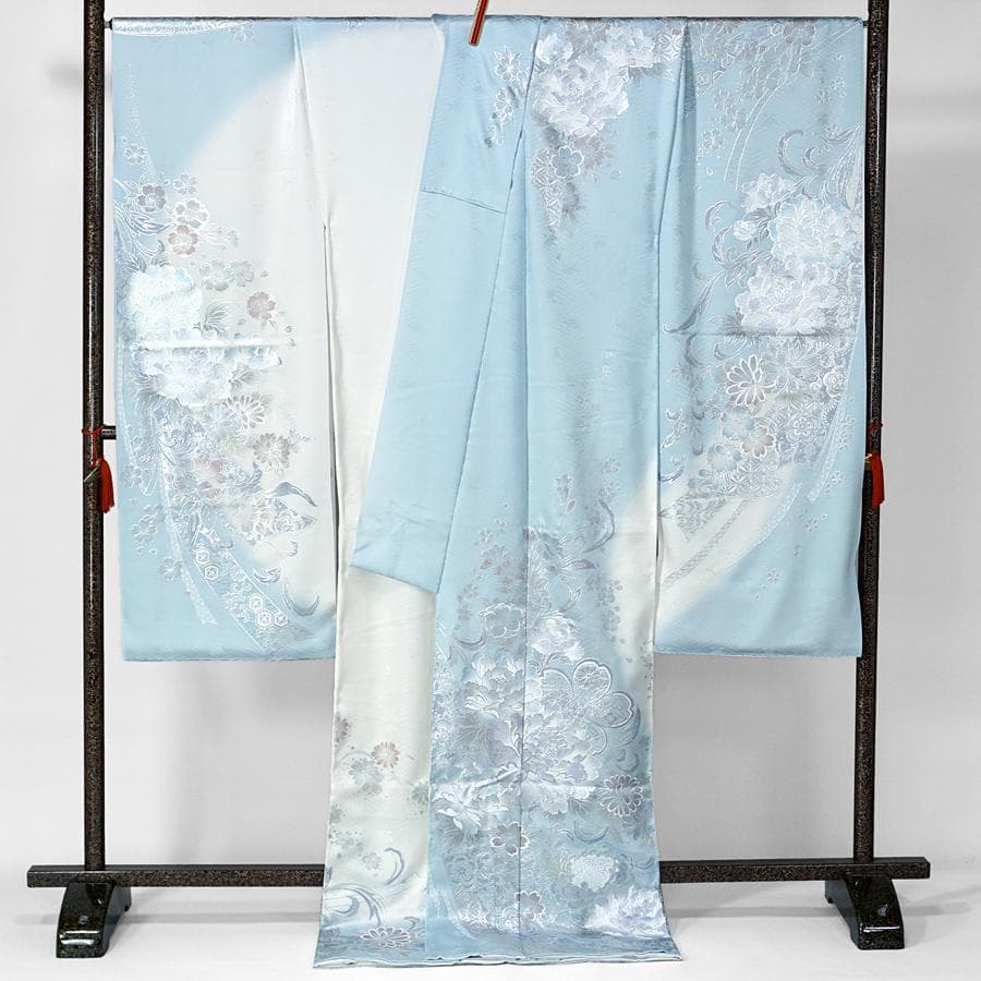 専用　ご予約　振袖　未仕立て　仮絵羽　アイスブルー　牡丹　桜　熨斗目　銀彩加工