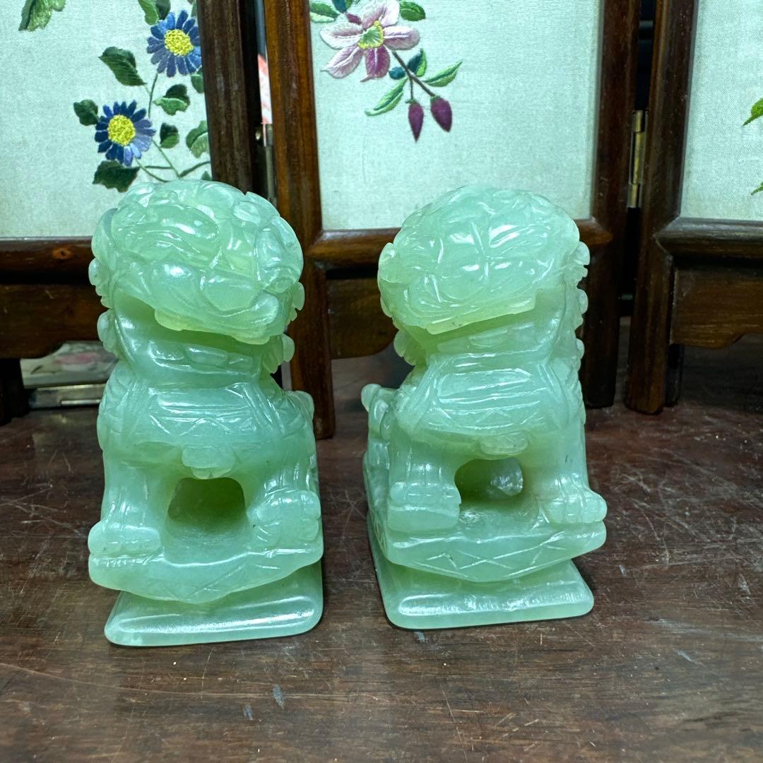 彫刻，置物，玉石，翡翠，獅子像 2体セット