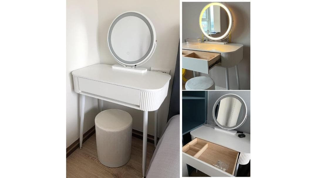 [新品]ドレッサーデスク LEDミラー付き ホワイト Size : 70cm