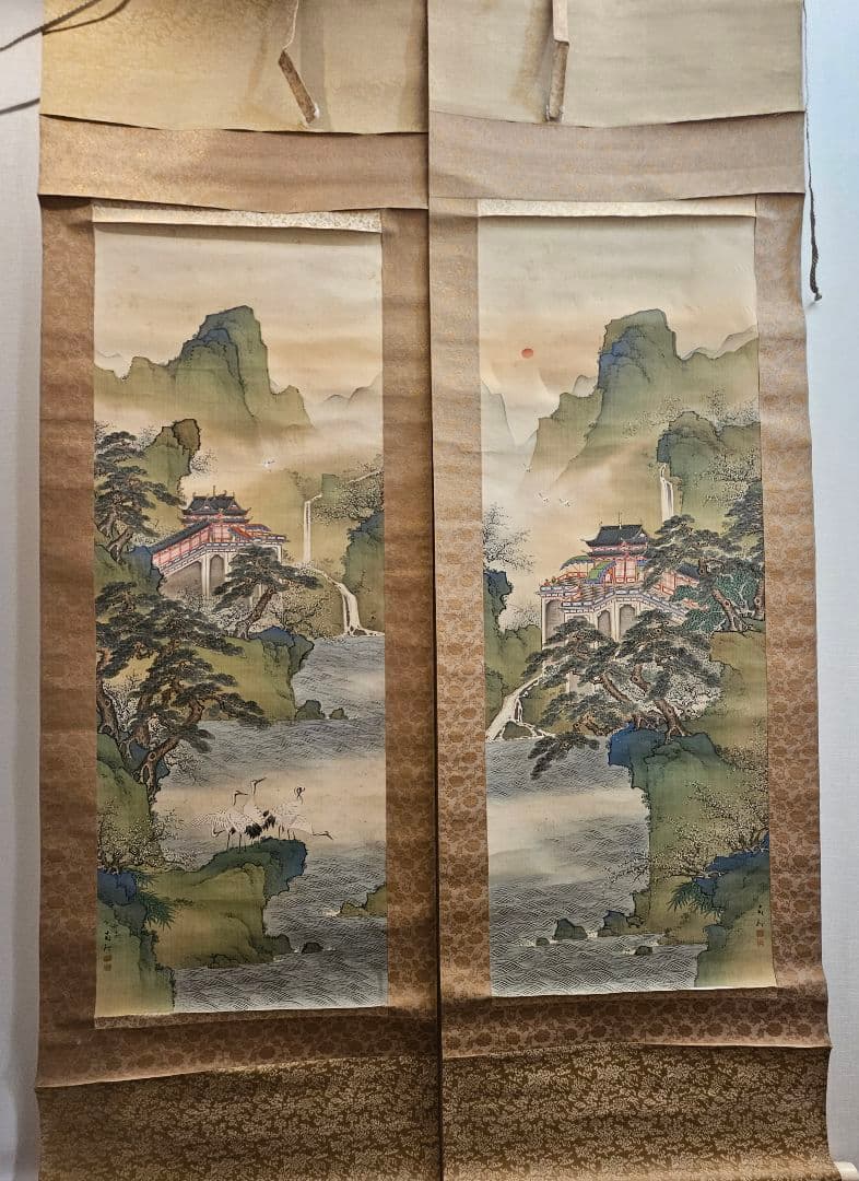 春木南汀 「蓬莱潭図」 双幅 絹本 肉筆 共箱 春木派宗家 山水画 掛軸 牙軸