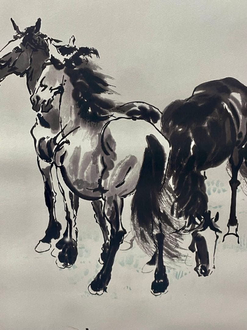 中国美術品・名家手描き駿馬彩畫4條塀掛軸・水彩畫・徐悲鴻印款・肉筆・掛軸　証書付