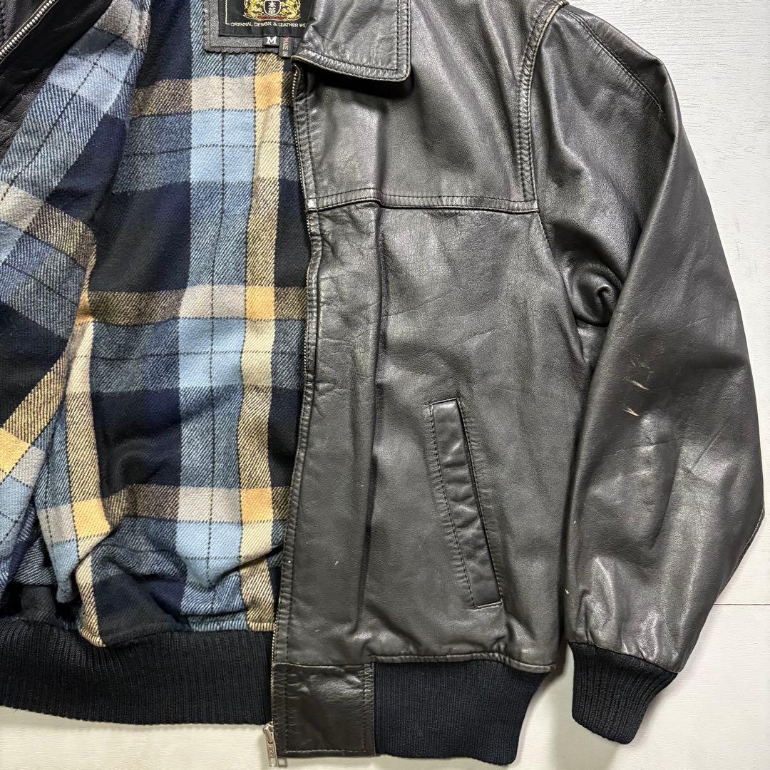 vintage レザージャケット　ブルゾン　本革オールレザー　チェック　短丈　M