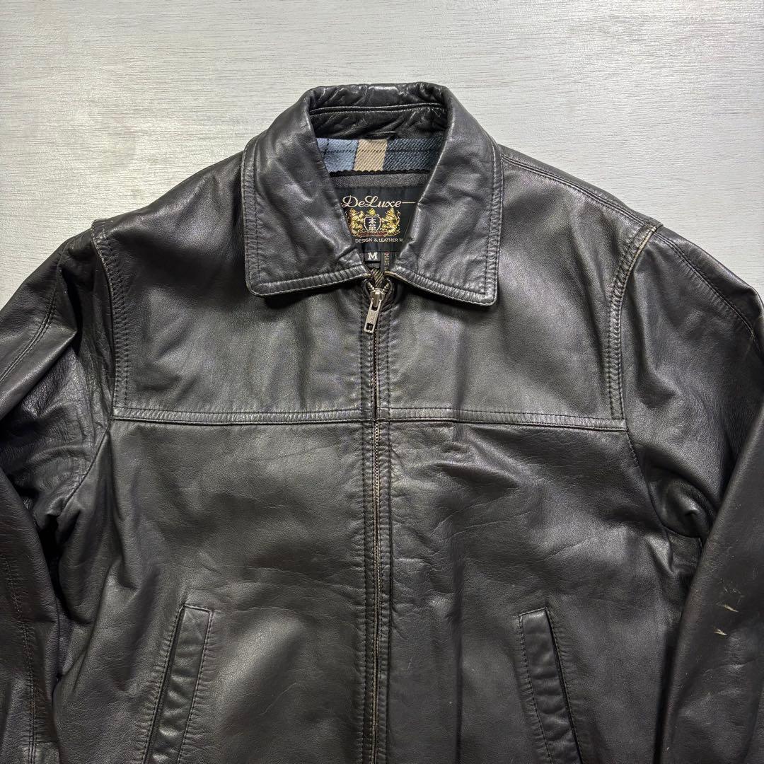 vintage レザージャケット　ブルゾン　本革オールレザー　チェック　短丈　M