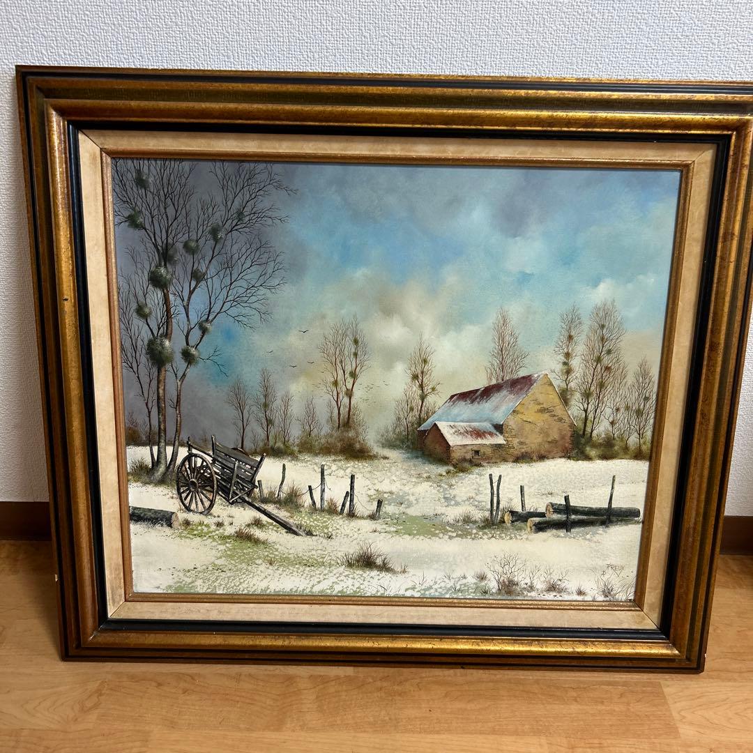 P. Preux 冬の風景 油彩画 金色フレーム付き