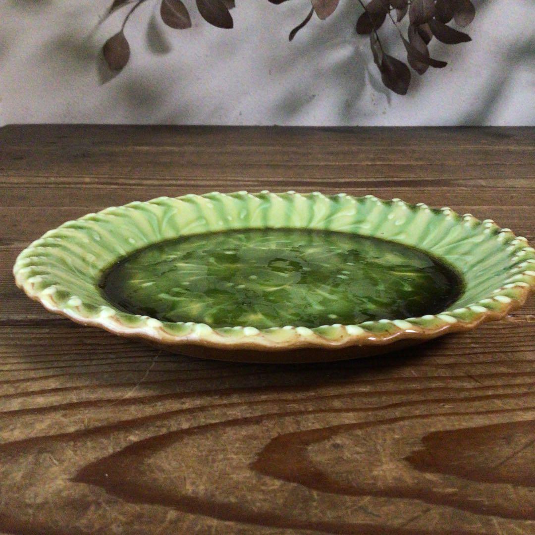 No4975 布志名焼　船木伸児　緑釉丸皿　共箱/栞付　島根県　民藝　送料無料