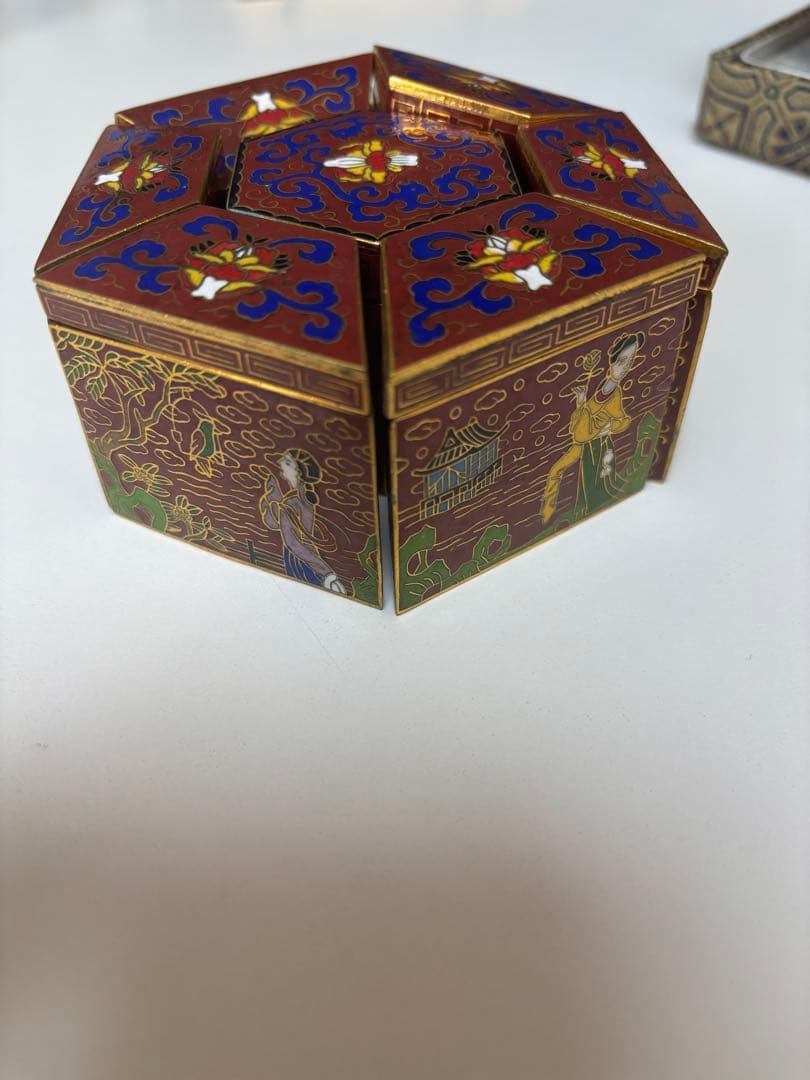 【中国美術】七宝焼 絵付 人物画 古美術 骨董品 アンティーク小物入れ