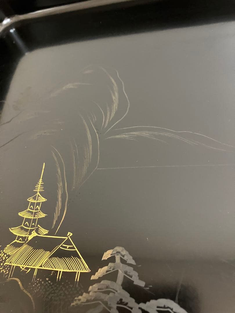 【茶道具 懐石膳 木製黒塗 沈金 山水蒔絵 10枚揃 四方膳 】天然木製 懐石盆