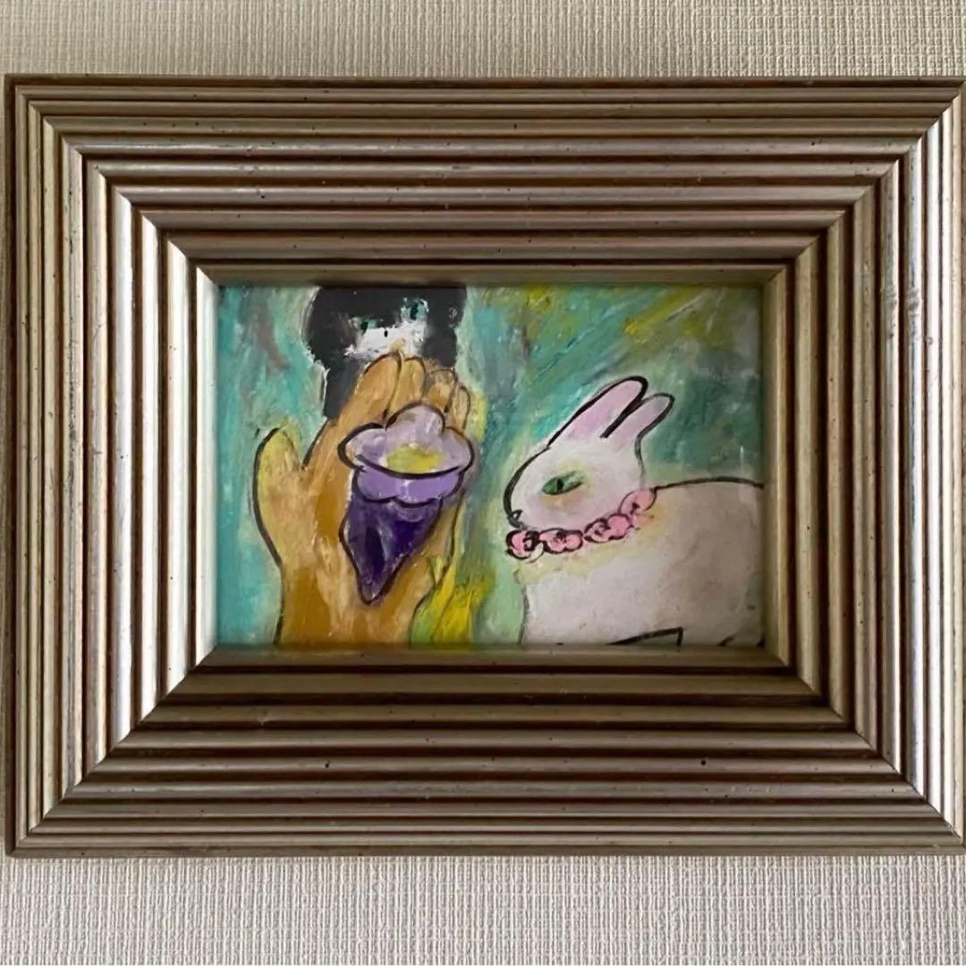 絵画。原画【手の中の紫色のアサガオ、かわいい黒猫とウサギ】