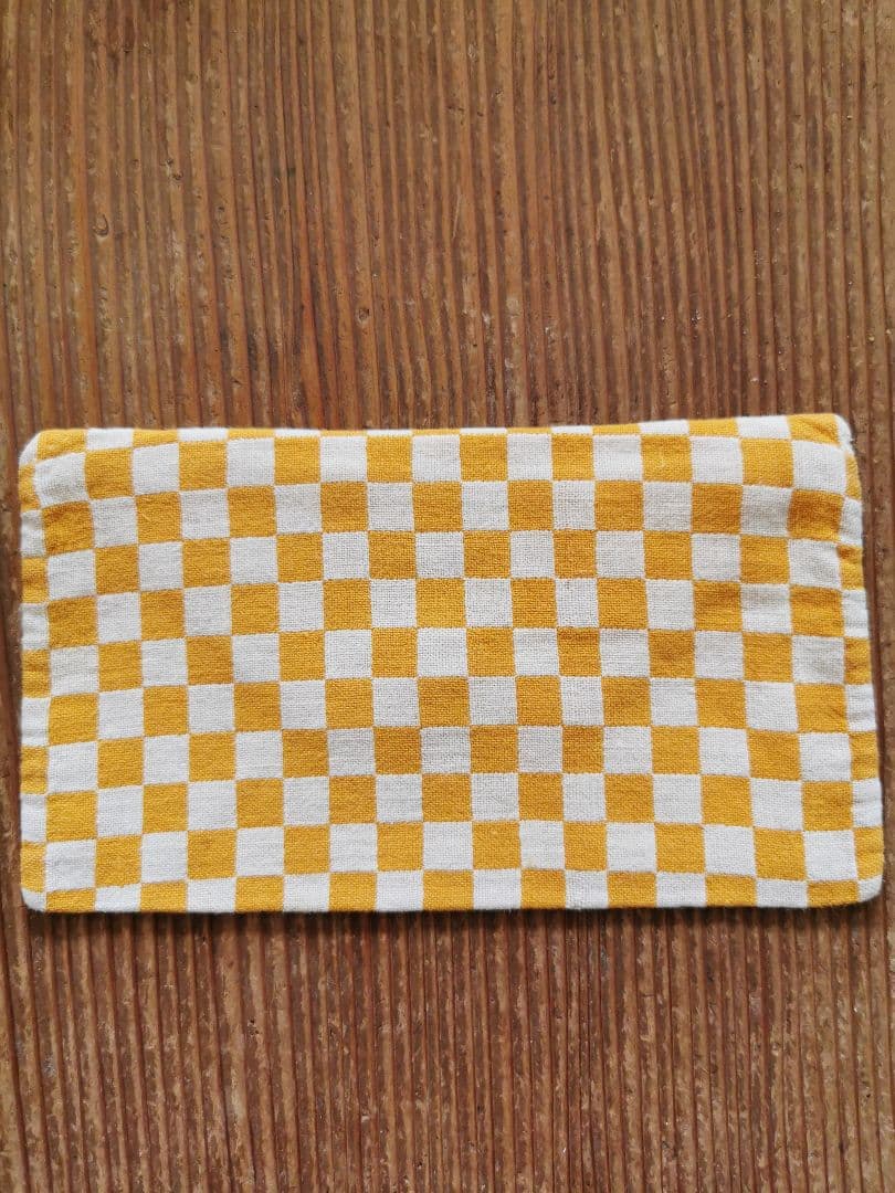 アンティークフランス イエロー＆アイボリー 市松模様織ケース 真珠色シェルボタン