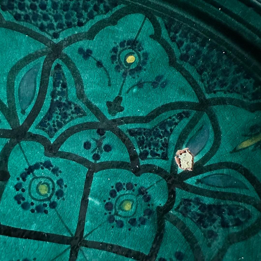 ブルガリア陶器　トロヤン焼　青釉内花柄　壁掛けデザイン　大皿　アンティーク