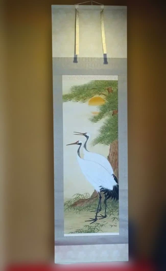 鶴の日本画掛軸　大麻 作