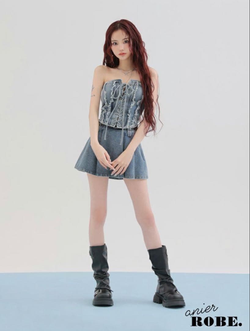 ROBE de FLEURS デニムレースアップベルトセットアップミニドレス