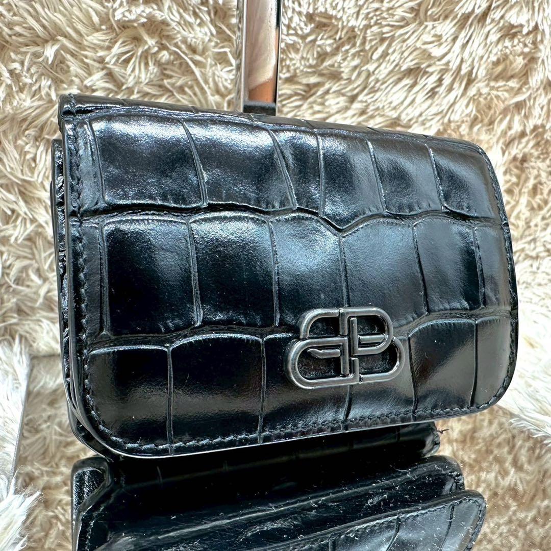【美品】バレンシアガ 三つ折財布 ブラック クロコ BB ユニセックス