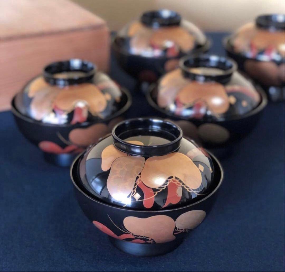 《レ》黒塗 蒔絵付 煮物椀5客 雑煮椀 木製漆器 木箱　251113え1