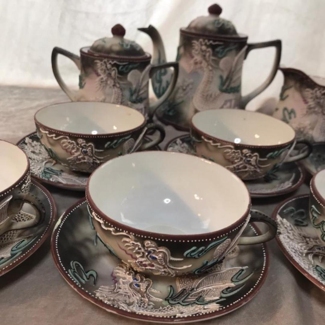 ドラゴン　ティーポットセット　輸出用　松風陶器　もりあげ