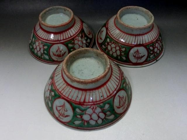 茶碗■赤絵 3点 丸窓唐草紋 お茶道具 ぐい呑み 古玩 唐物 時代物 骨董品■