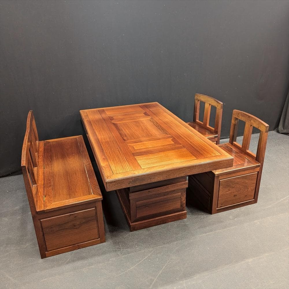 無垢　重厚　4点　囲炉裏ダイニング　食卓　火鉢　座卓　椅子　収納付き　ベンチ