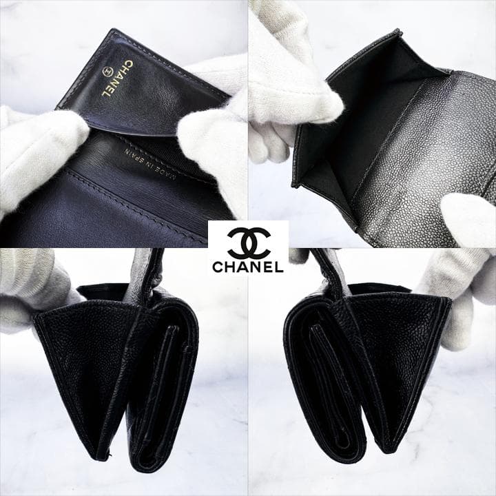 563　超美品　CHANEL　キャビアスキンマトラッセ　Wホック三つ折りミニ財布