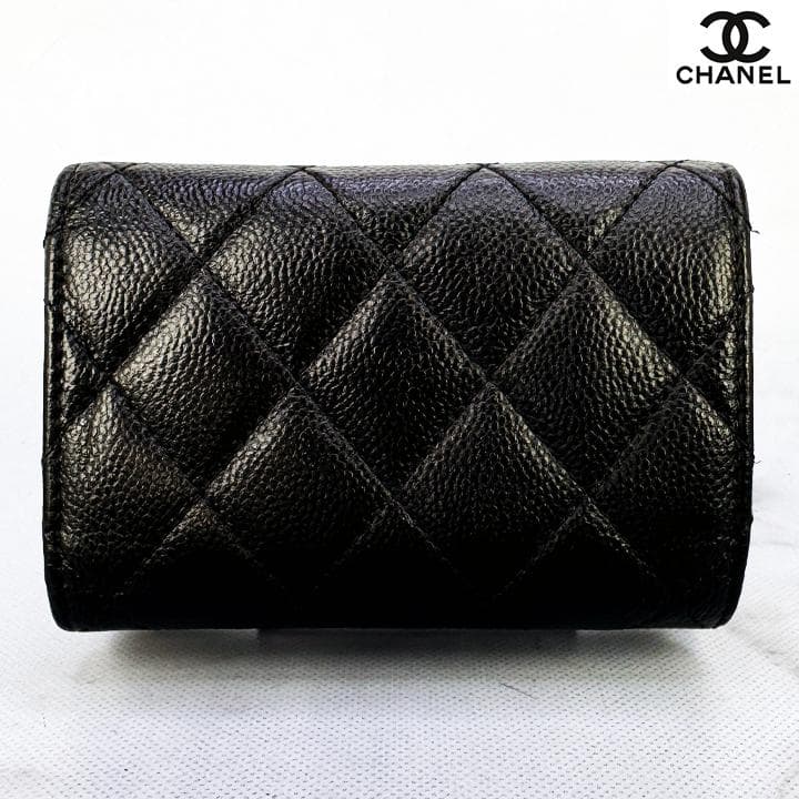563　超美品　CHANEL　キャビアスキンマトラッセ　Wホック三つ折りミニ財布