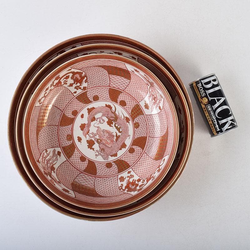 九谷焼　古九谷　赤絵八郎手　龍文　三つ組入れ子　菓子鉢　時代箱　G　R9171H