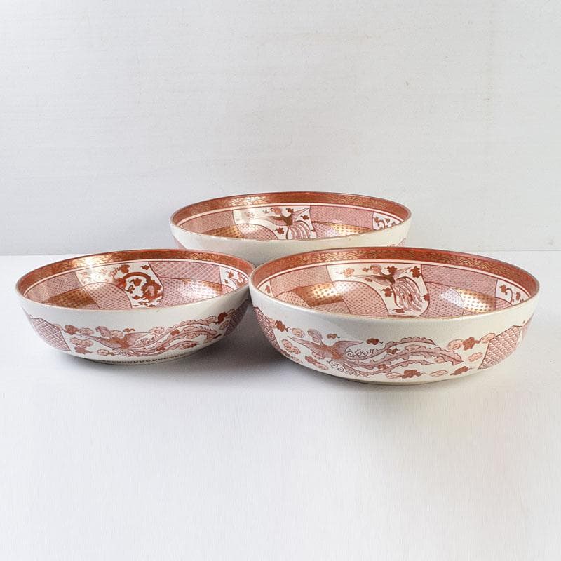 九谷焼　古九谷　赤絵八郎手　龍文　三つ組入れ子　菓子鉢　時代箱　G　R9171H