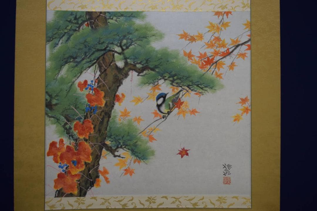 不詳/作者不詳/紅葉に小禽図/桐共箱二重箱付/布袋屋掛軸HG-354