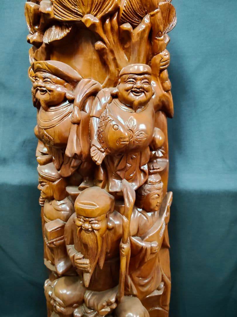 ​【大型・縁起物】木彫り 七福神 彫刻 置物 一刀彫 天然木 高さ135cm 欅