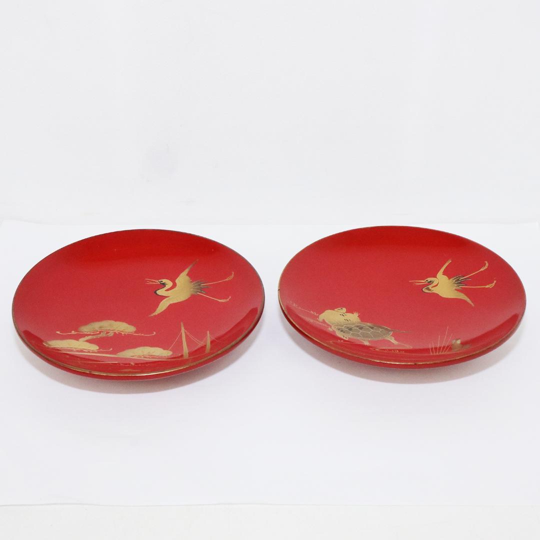 漆芸 絵変わり 鶴亀 鶴 金蒔絵 朱塗引盃 三十客 木皿 箱付き