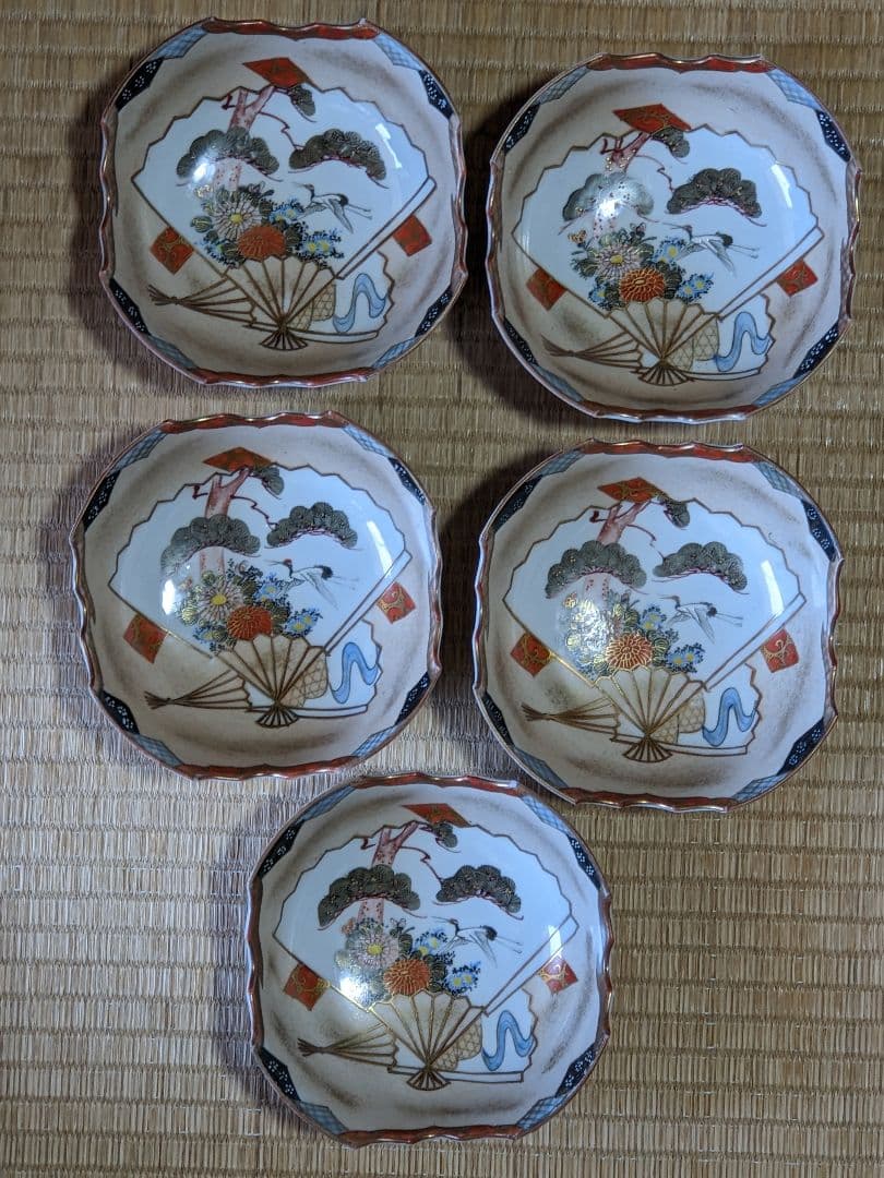 ♦九谷焼 明治時代 金彩色絵 団扇松鶴図 四方鉢 向付 茶道具 古美術 骨董品