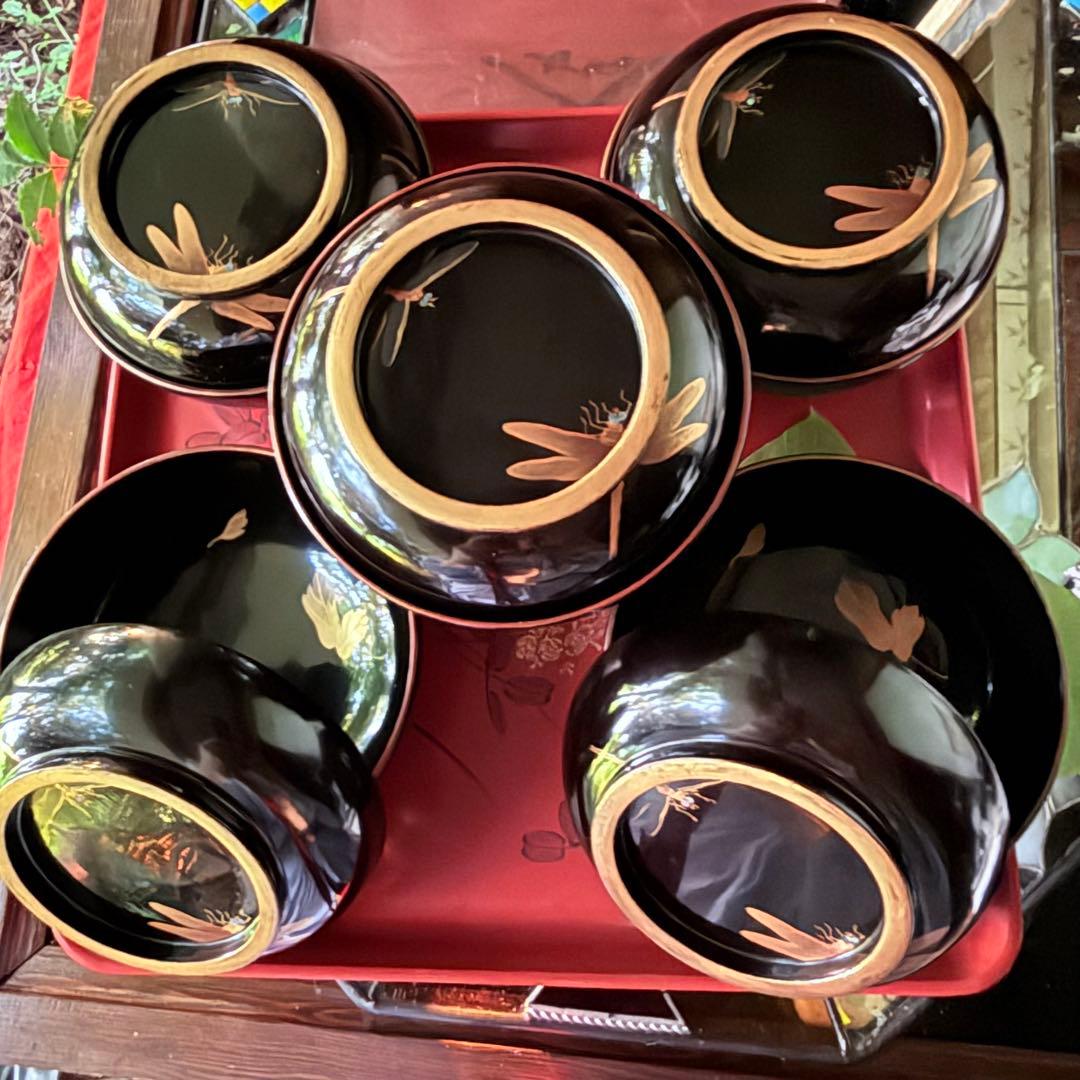 Y様へ感謝お嫁入‼️JAPAN螺鈿蒔絵『蜻蛉かげろう＆菊＆木蓮』真塗金縁吸物椀3客