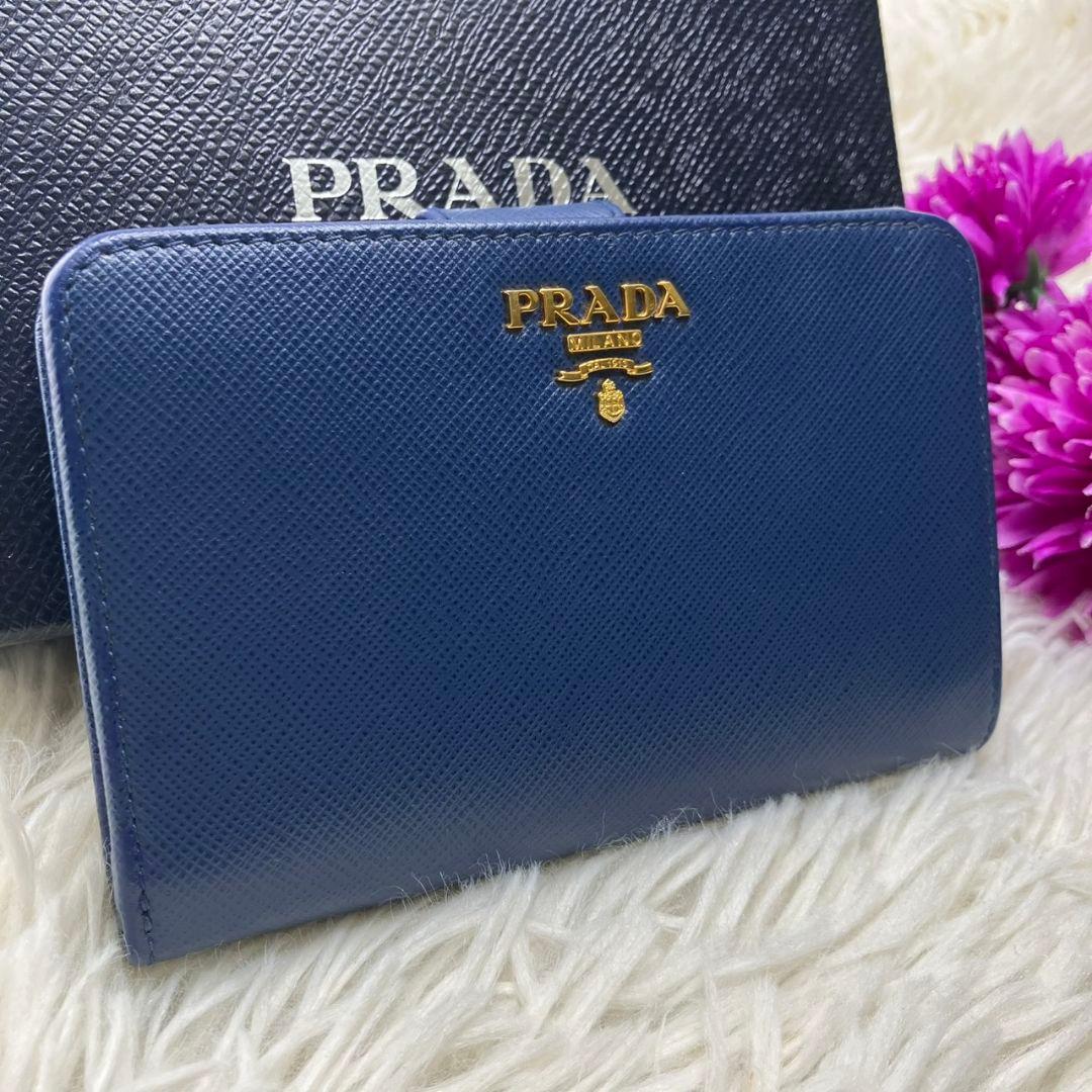 極美品✨PRADA プラダ 二つ折り財布 ネイビー ゴールドロゴ
