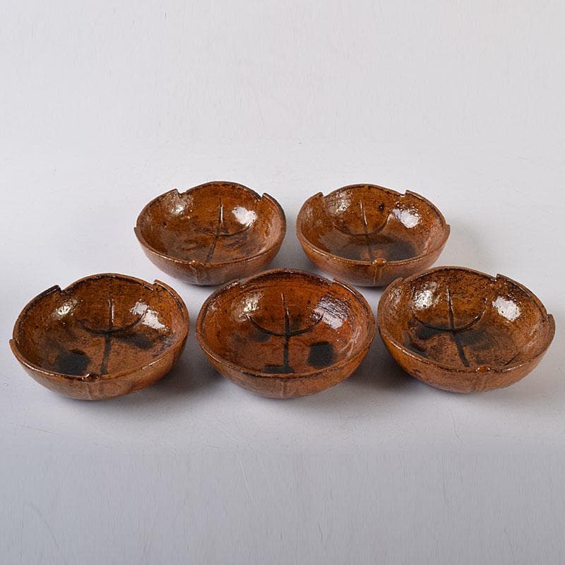 和食器　大樋焼　大樋長楽造　飴釉　柏葉　向皿　5客　共箱　M　R8141