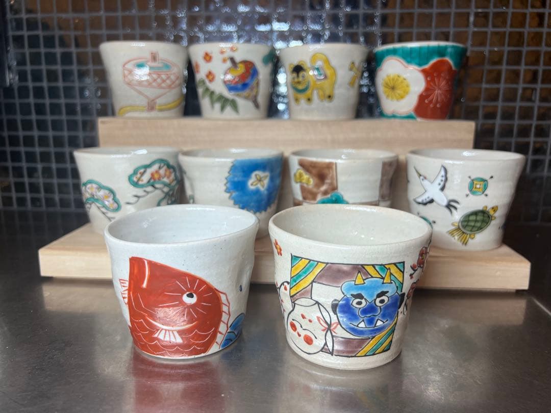 春夏秋冬 10点セット★希少 正月 季節の祝ごと 九谷焼 エクボ猪口 湯呑