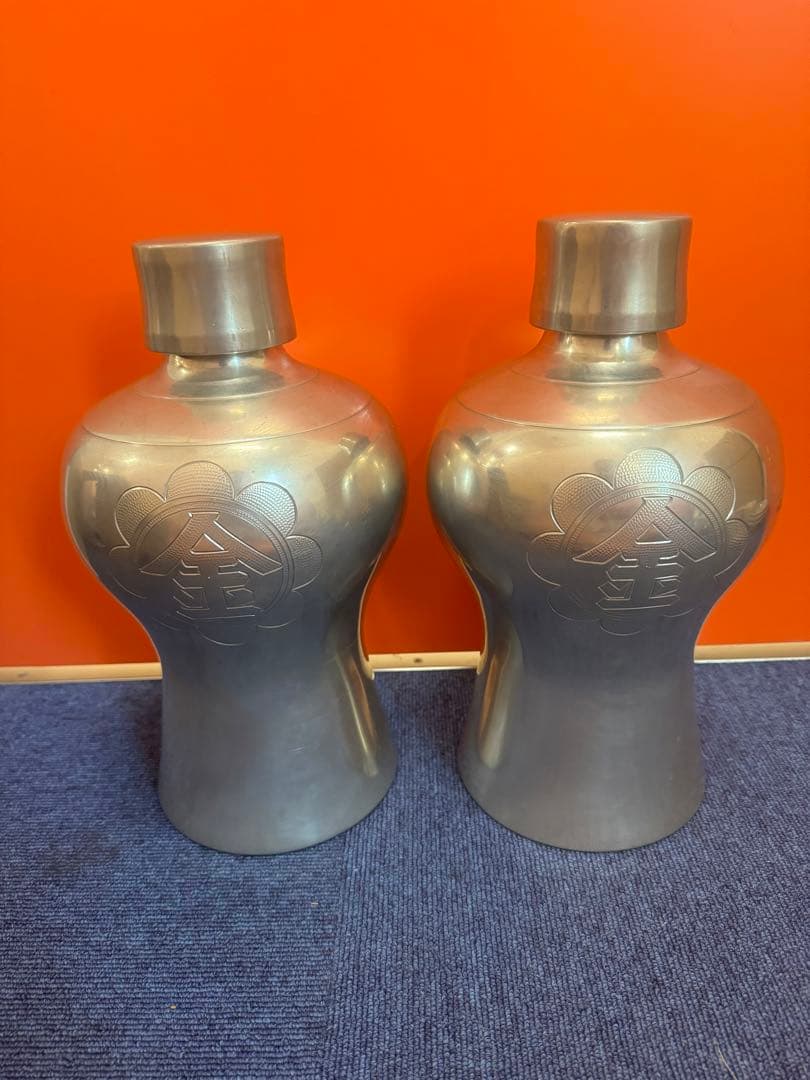 1644 純錫製 岡本謹製　古錫瓶子一対　酒器　32cm 時代物