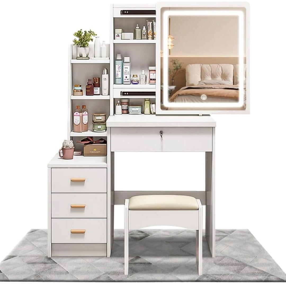 ドレッサー 3色 LED スライドミラー 収納 幅80 ホワイト スツール付き