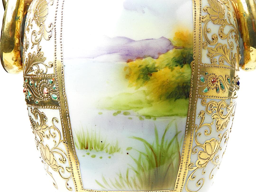 オールドノリタケ 金彩ジュエル風景画 プレッツェルハンドル 飾り壷 アンティーク