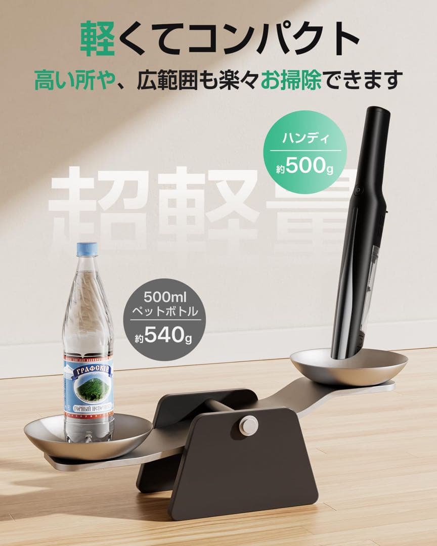 超強吸引 コードレス掃除機 0.5kg超軽量 45分連続 収納充電一体 静音