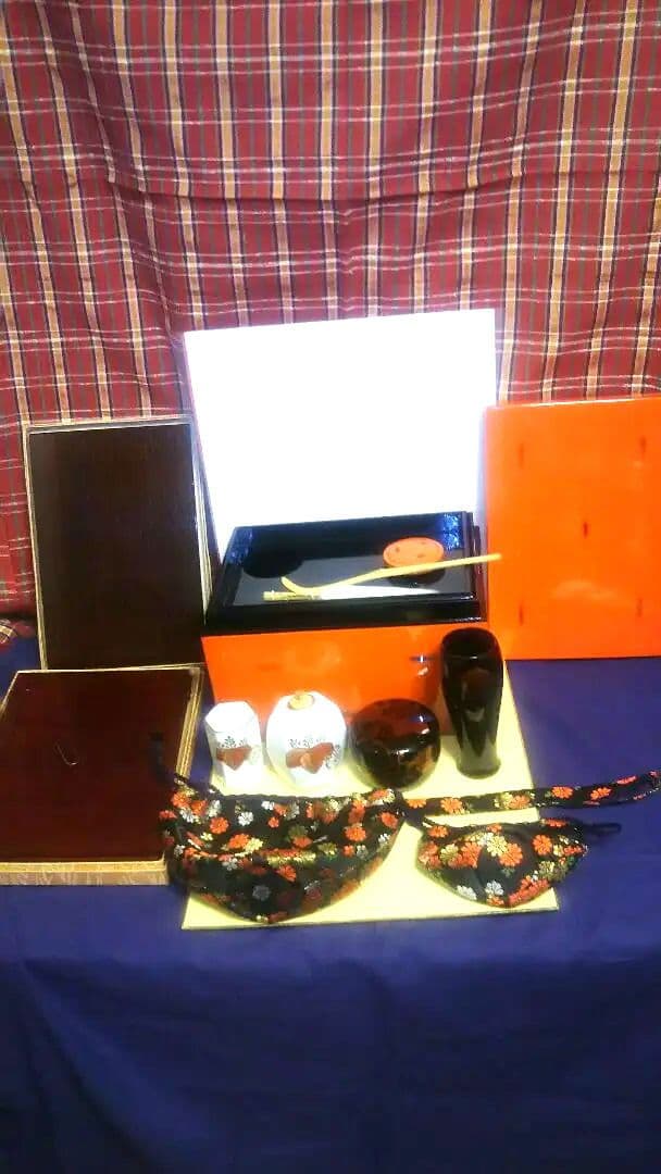 茶箱、根来塗木製と付属品9種付