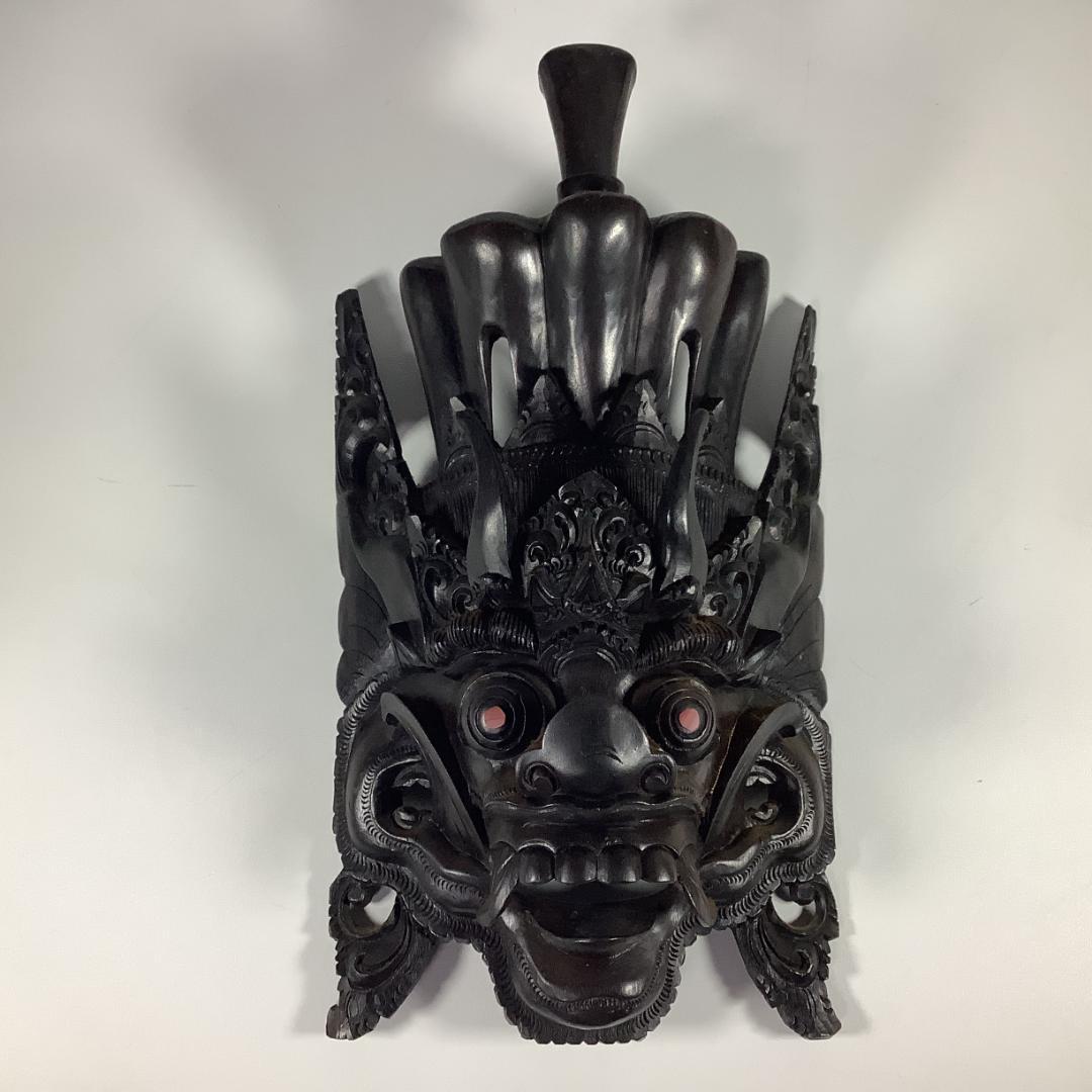 木彫 魔神面 壁掛け彫刻 重厚彫り 全長39.5cm 重量約1.15kg
