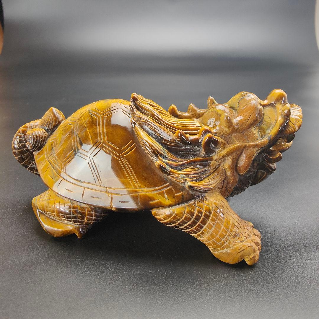 超美品　タイガーアイ　虎目石で作った龍亀(ロングイ)　天然石　風水　開運　龍　亀