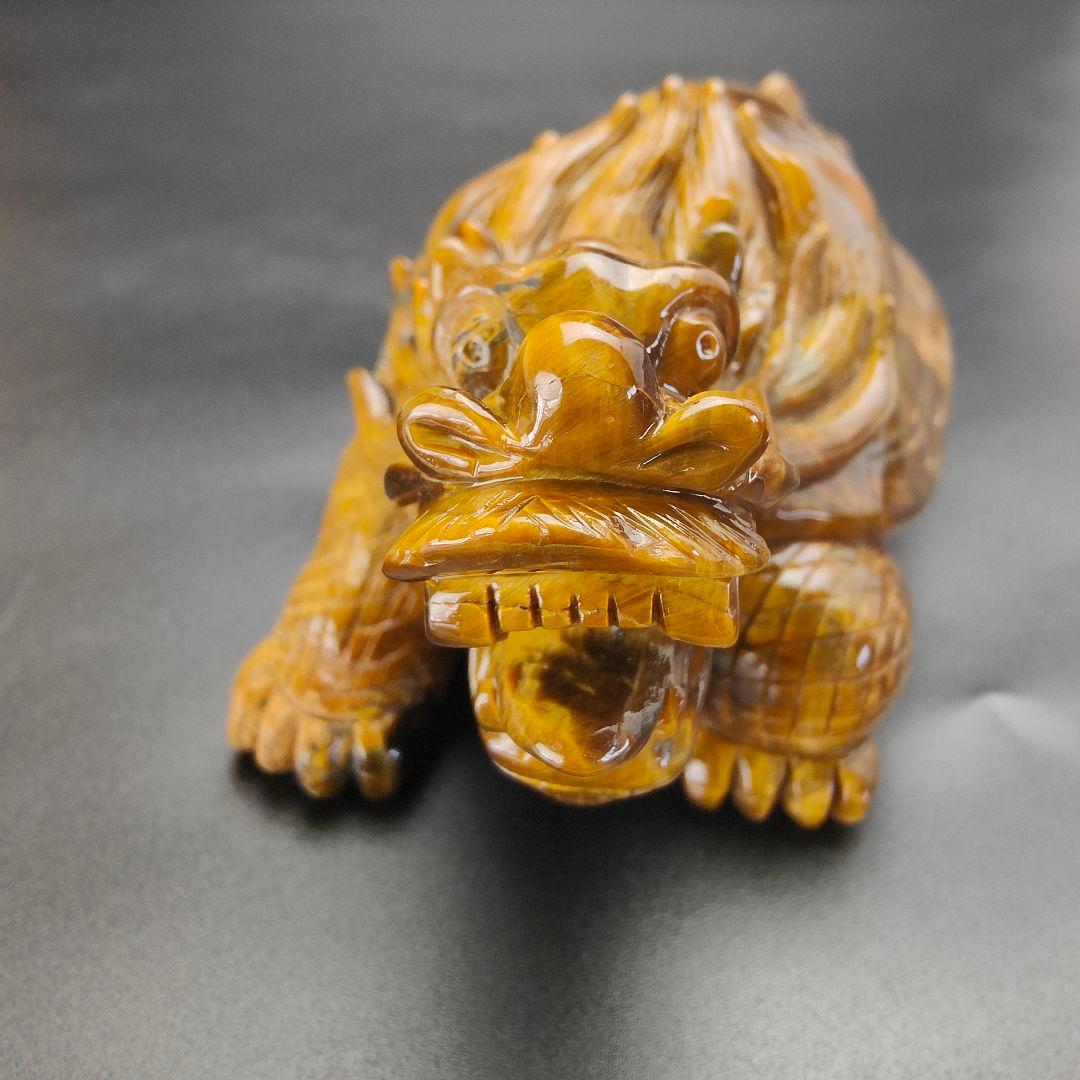 超美品　タイガーアイ　虎目石で作った龍亀(ロングイ)　天然石　風水　開運　龍　亀
