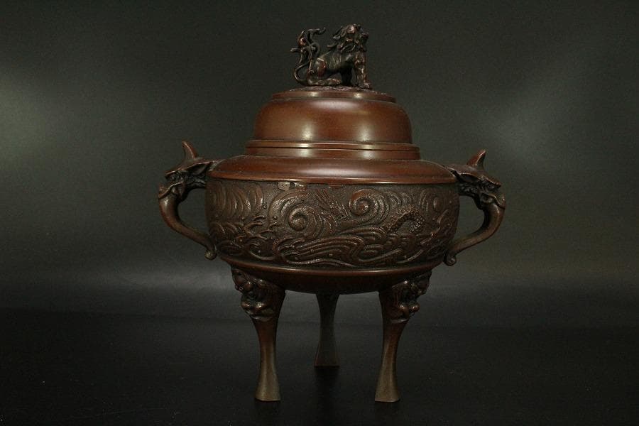 銅 獅子蓋 香炉 在銘 高22cm(LC535)