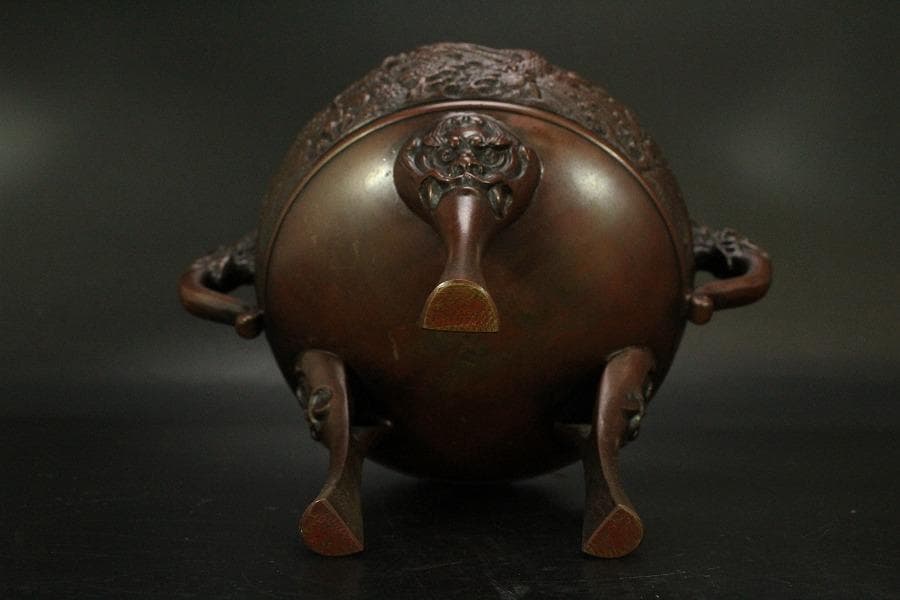 銅 獅子蓋 香炉 在銘 高22cm(LC535)