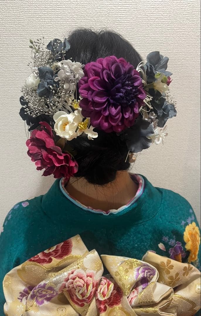 グリーン　ターコイズブルー 振袖　成人式　ショール　髪飾り　草履　バッグ一式