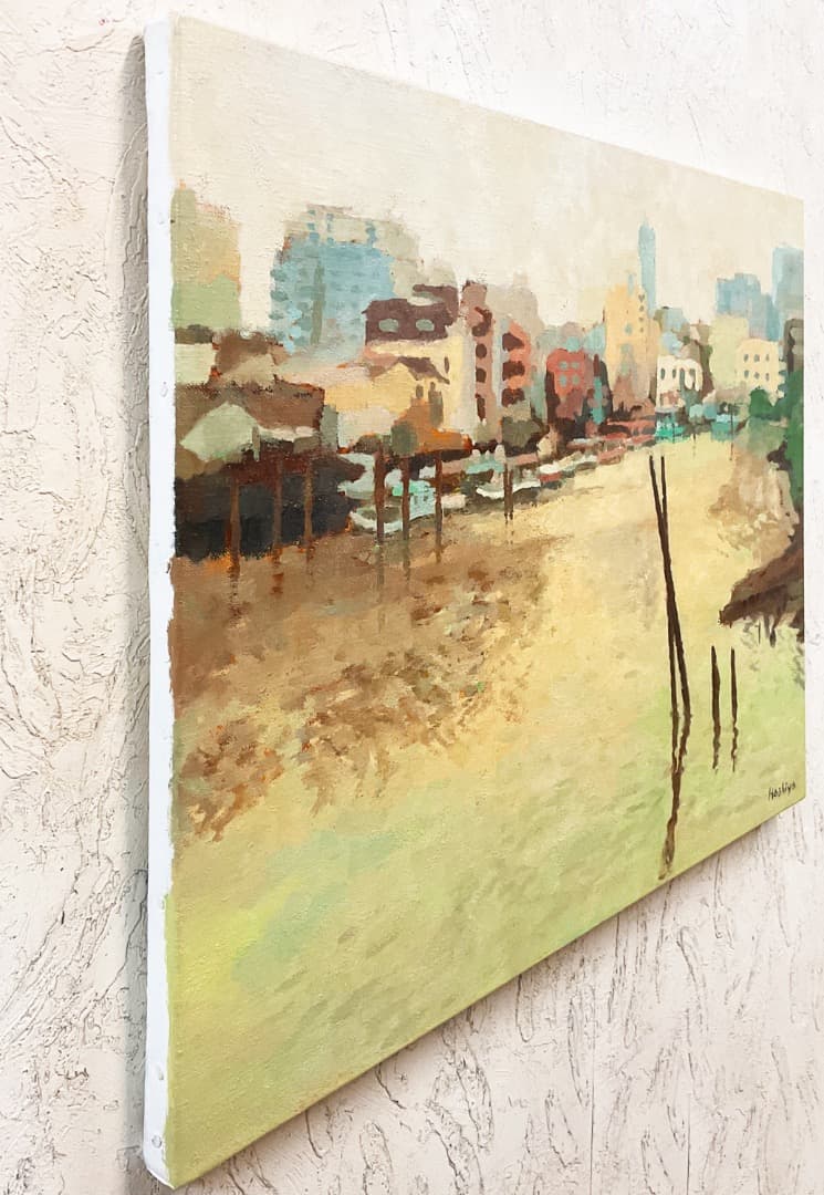 絵画 542 油絵/風景/街角/東京/品川/海/八ツ山/船だまり/F10号