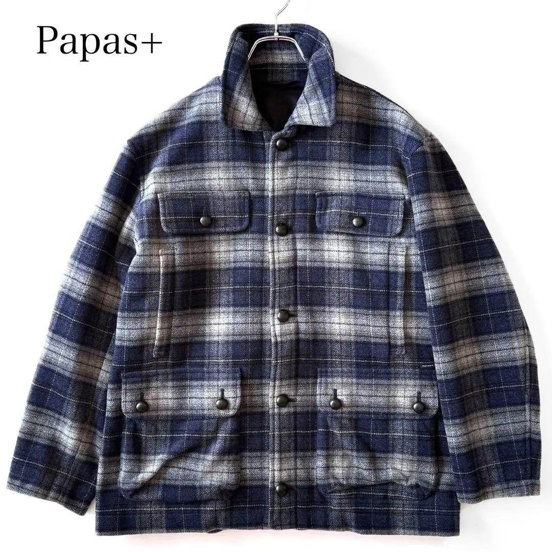 現行 完売品 Papas+ メルトンチェックベロア風仕上げ ステンカラーブルゾン