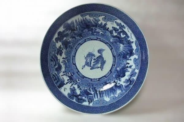 古伊万里 染付 麒麟 雲文 山水 大皿 江戸後期 継ぎ手 径;47cm 骨董